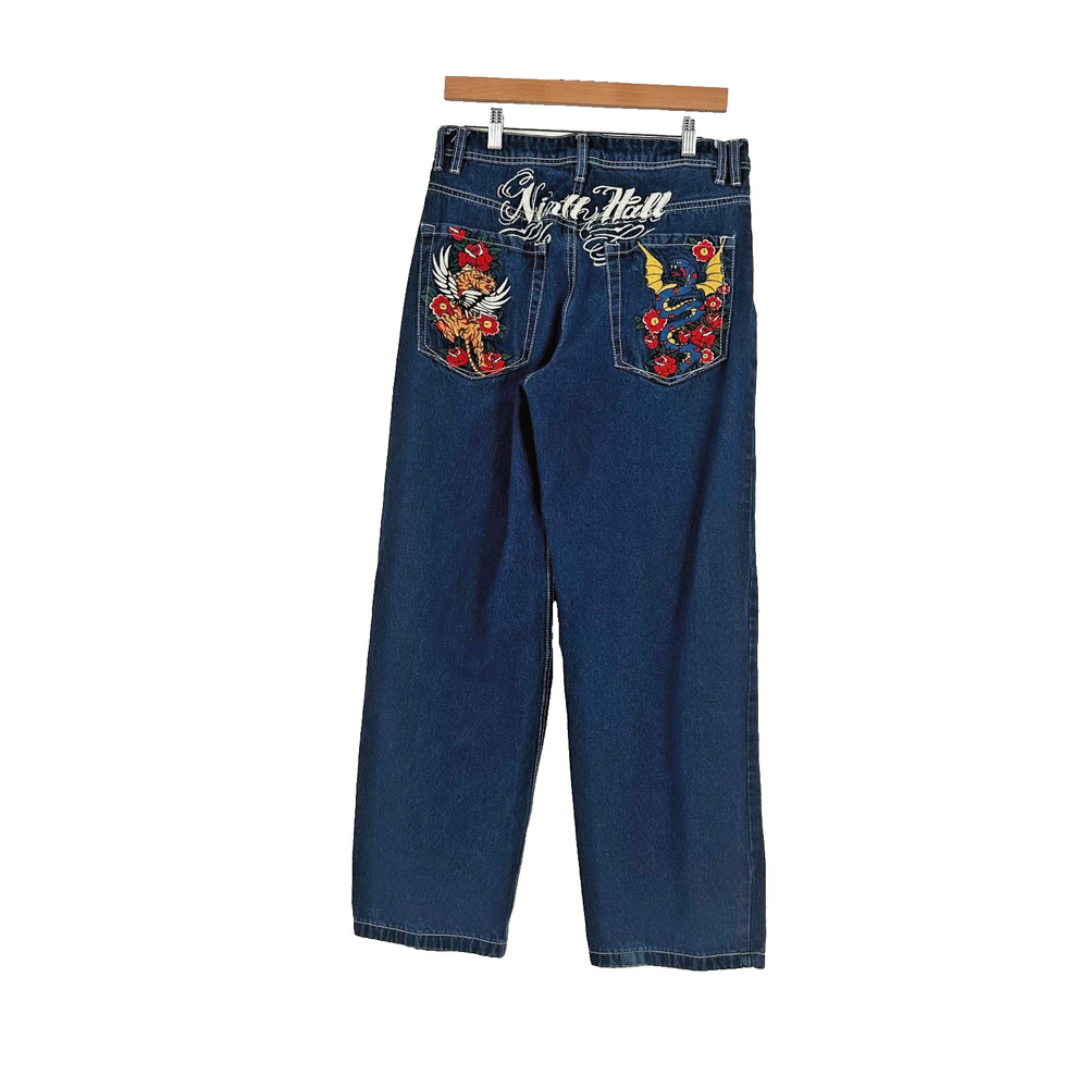Ninth Hall Embroidered Jeans Womens Size 8 Baggy Y2K‎ Tiger Dragon Skater Grunge